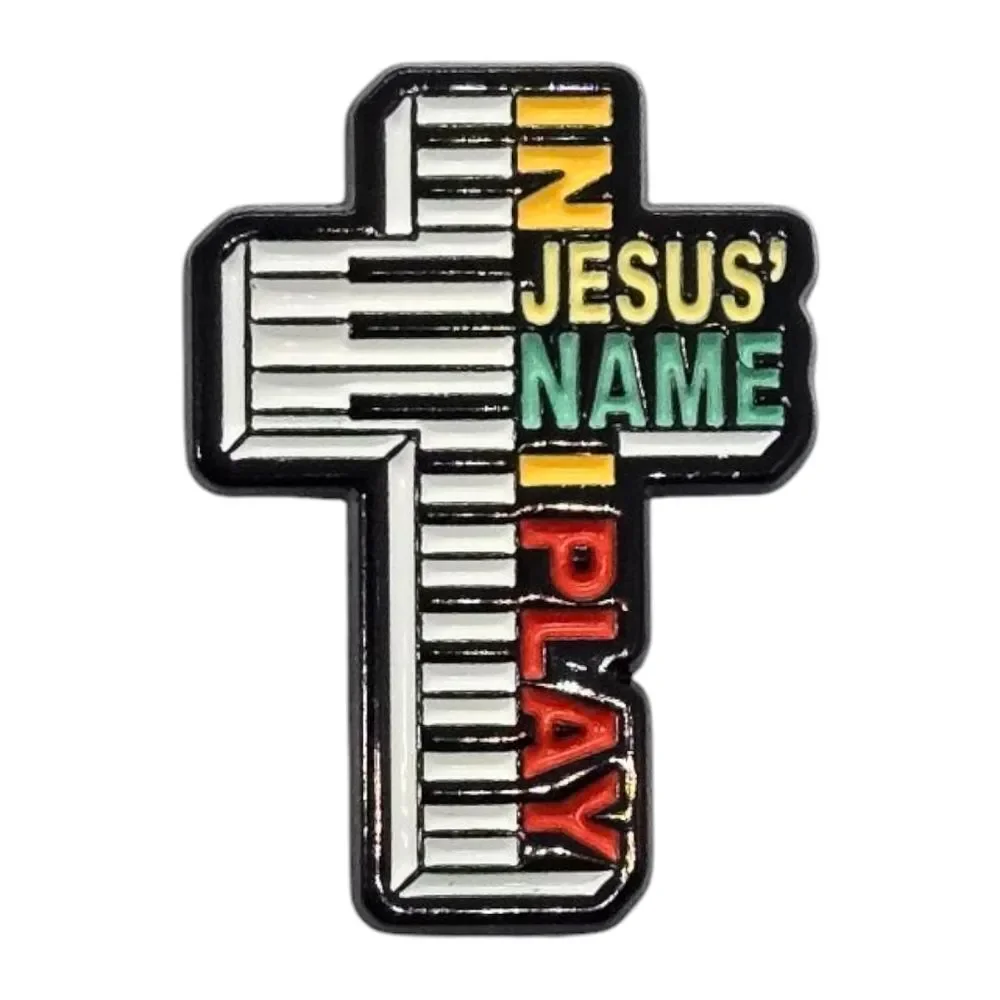 Christian Enamel Pin – Piano Cross In Jesus Name I Play – Faith Religious Music